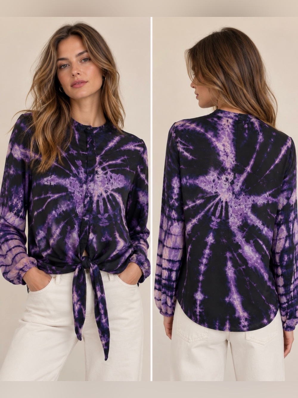 Hard Tail Forever Purple Black Tie Dye Rayon Tie Front Blouse Top XL NWT